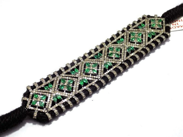 RoseCut Pave Diamond Emerald Thread Bangle Bracelet Jewelry in 925 Sterling Silver