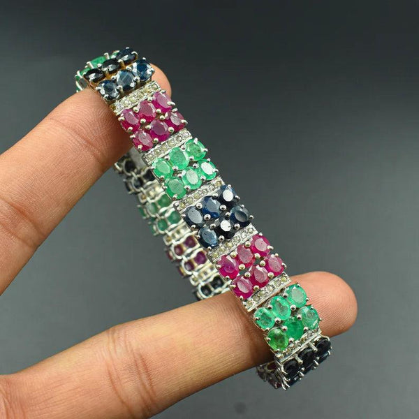 Emerald Ruby Sapphire Pave Diamond Gemstone Bracelet , Pave Diamond Jewelry , 925 Sterling Silver , Wedding Jewelry , Three Gemstone Jewelry