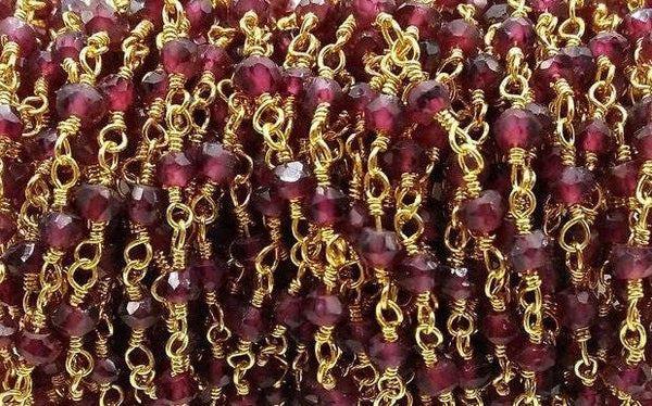 5 Feet Garnet 2.5-3.5mm Faceted Rosary Beaded Chains, Silver/Gold/Black/Rose Gold Plated Chain, Wire Wrapped Chain, Jewelry Making