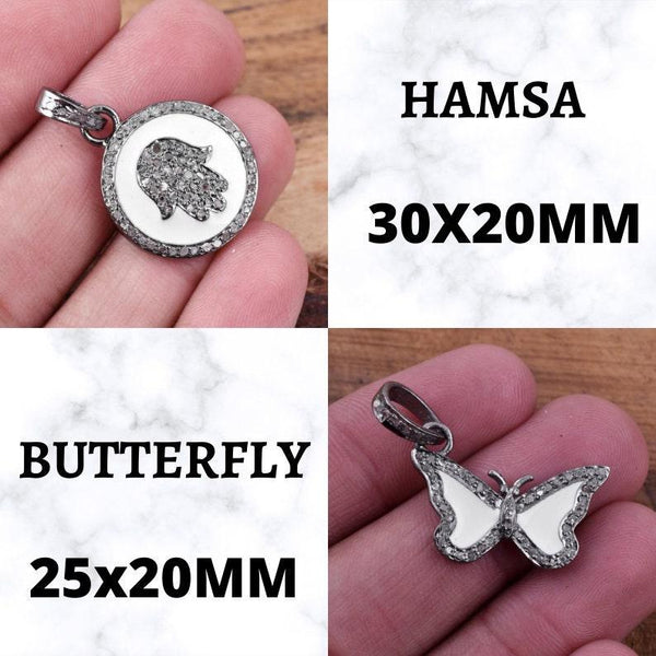 Pave Diamond Hamsa /Butterfly Pendant/925 Sterling Silver/Diamond Pendant/Enamel Bakelite Necklace/Charm Pendant/Handmade Diamond Jewelry
