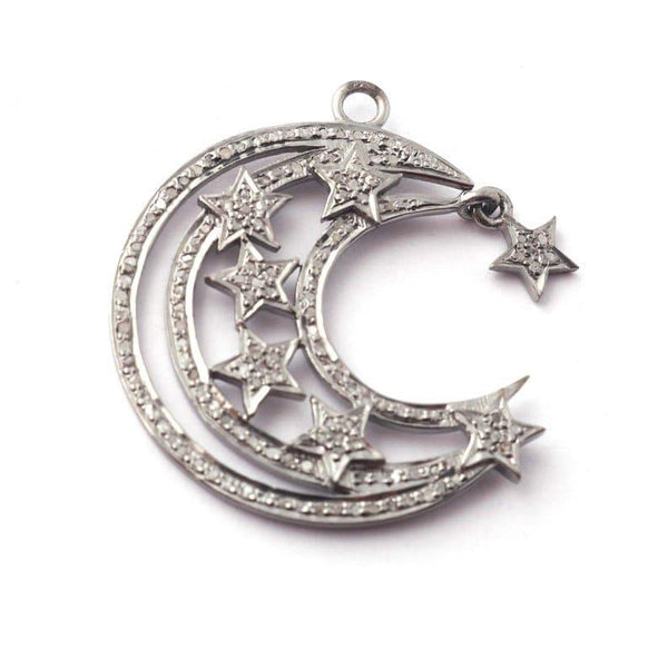1 Pc Pave Diamond Moon Star Charm Pendant,Sterling Silver 34x15mm,Diamond Moon Pendant,Diamond Star Charm, Diamond Jewelry Finding,Moon Star