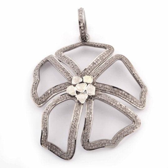 Rosecut Flower Pendant 925 Sterling Silver Jewelry 55x45mm Pave Diamond Flower Polki Flower Pendant Rosecut Polki Jewelry Necklace Pendant