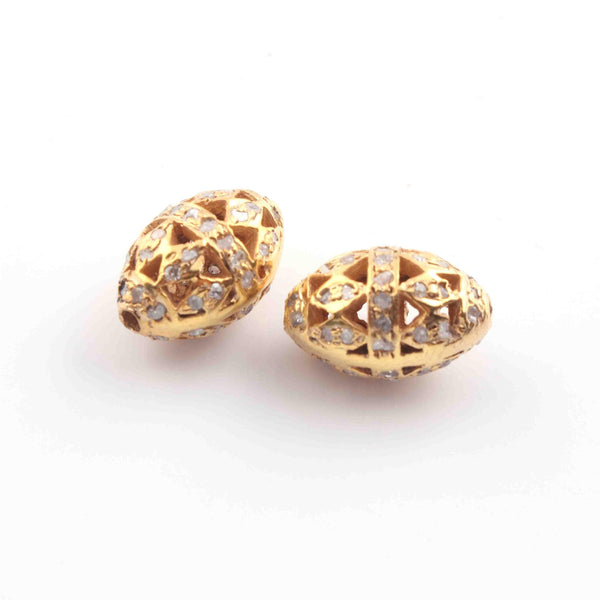 Diamond Filigree Oval Beads/Diamond Oval Beads/Yellow Gold Beads/12x8mm Oval Beads/Diamond Jewelry Findings/Pave Diamond Beads/Silver Beads