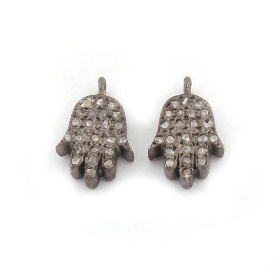 Pave Diamond Hamsa Hand Charm 925 Oxidized Silver 11x7mm Diamond Hamsa Pendant Diamond Jewelry Findings Craft Supplies Handmade Jewelry