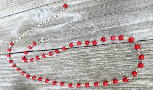 4mm Red Coral Necklace, Sterling Silver necklace, Beaded necklace, Coral Beaded Necklace, Gemstone Necklace, Gift For Her, Christmas Gift