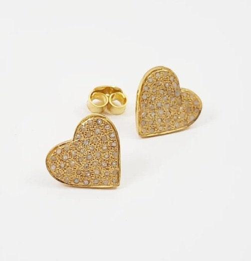 Pave Diamond Heart Stud Earrings Pave Diamond Jewelry Yellow Gold Earring 13x12mm Minimalist Studs 925 Silver Diamond Earring Gift For Her