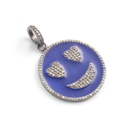 Pave Diamond Smiley Pendant Diamond Enamel Pendant 925 Diamond Bakelite Round Pendant Pave Diamond Pendant 28x24mm Handmade Necklace Pendant