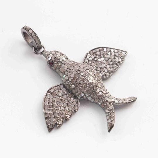 Pave Diamond Bird Pendant/Diamond Jewelry/32x36mm Art deco Necklace/925 Sterling Silver/Handmade Jewelry/Rose cut Diamond/Minimalist Gifts