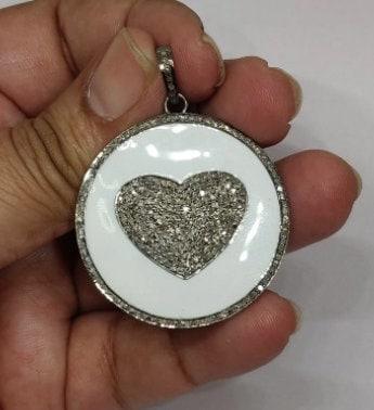 Pave Diamond Heart Pendant 35x30mm Enamel Necklace Diamond Jewelry Gift For Her 925 Sterling Silver Round Bakelite Pendant Handmade Jewelry