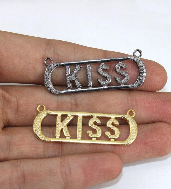 13x44mm Pave Diamond Kiss Pendant Connector Personalized Pendant Double Bail Pendant Necklace Pendant Diamond Jewelry 925 Oxidized Silver