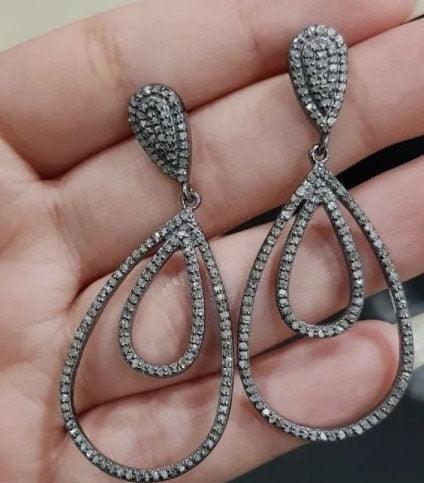 Pave Diamond Earrings/Drop Earrings/ 43X25mm Diamond Earring/Victorian Earring/Minimalist Earring/Dangle Dainty Earring/Handmade Earring