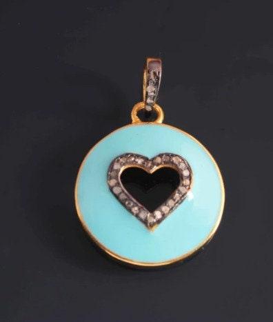 Diamond Enamel Heart Pendant 28X20mm Round Heart Necklace Pave Diamond Pendant 925 Sterling Silver Heart Necklace Gift For Her