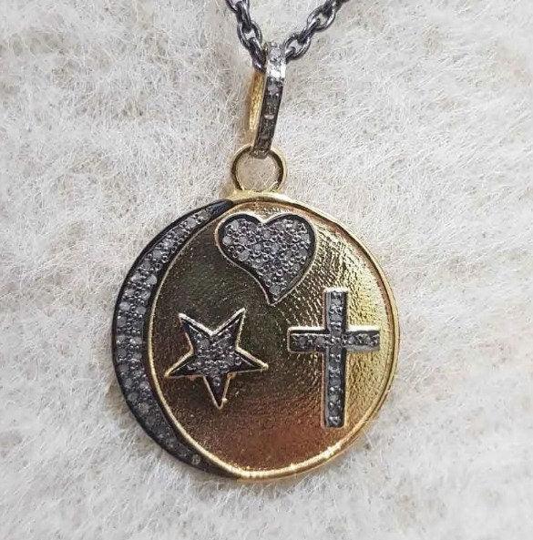 Diamond Crescent Moon Star/Diamond Jewelry/Celestial Jewelry/Moon Star/Round Cross Necklace/Pave Diamond Pendant/925 Silver Jewelry/Gifts