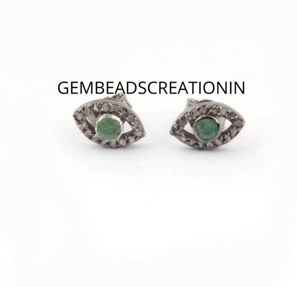 Pave Diamond Evil Eye Stud Earring/Dainty Studs/10x6mm Diamond Emerald Earrings/925 Silver Stud Earrings/Minimalist Stud/Gift For Her