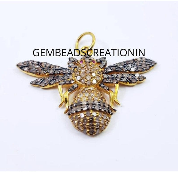 Pave Diamond Wasp Insect Pendant/Diamond Jewelry/Two Tone Necklace/40x27mm Jumping Fly Pendant/925 Silver/Handmade Antique One of Kind