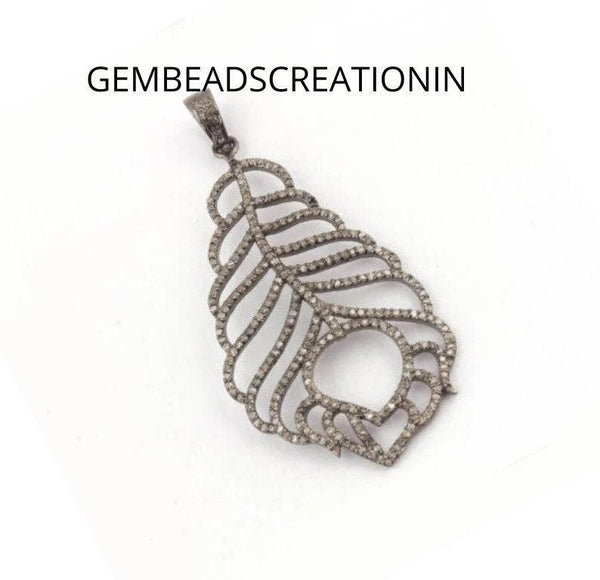 Designer Diamond Leaf/Pave Diamond Leaf Pendant/Pave Diamond Pendant/57x30mm Pendant Necklace/Handmade Jewelry/Feather Pendant