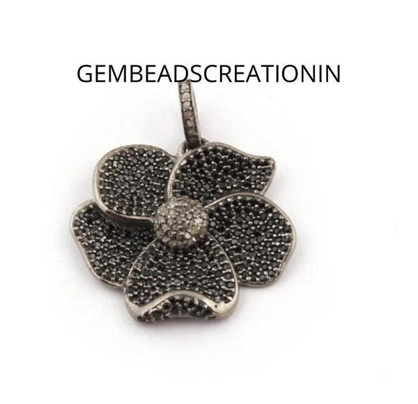Pave Diamond Pendant/Black Spinel Flower/925 Silver Pendant/22x25mm Necklace Pendant/Flower Necklace/Handmade Diamond Jewelry/Black Spinel