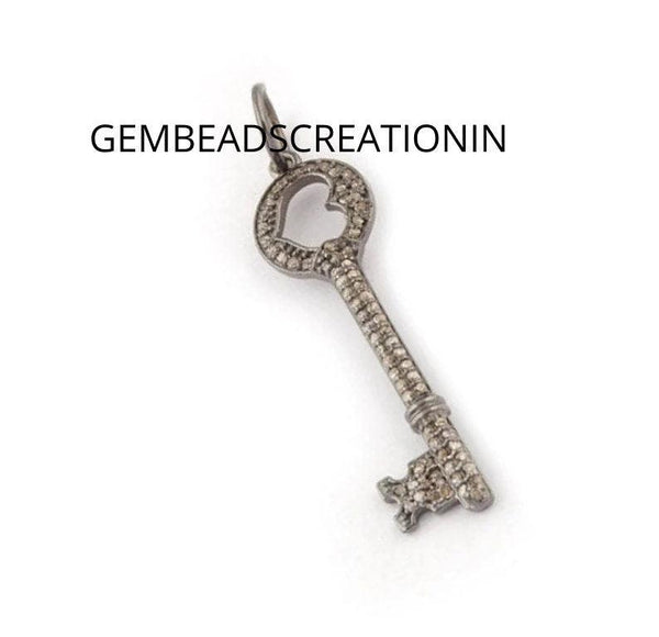 Diamond Friendship Key Necklace/Lucky Charm Pendant/Handmade Jewelry/Antique Fine Jewelry/38x11mm Pave Diamond Key Pendant/Boho Hippie