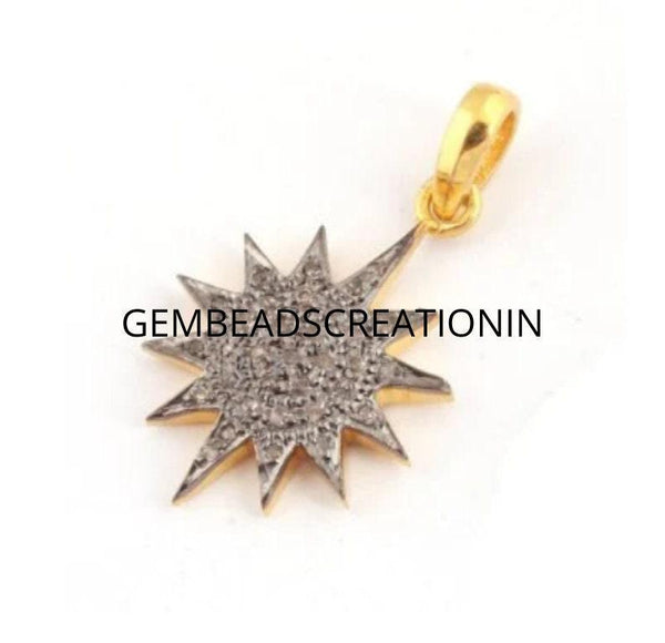 Diamond Sunburst Pendant/925 Sterling Vermeil/24x17mm Pave Diamond Pendant/Diamond Jewelry/Sun Charm Pendant/Necklace Charm Jewelry