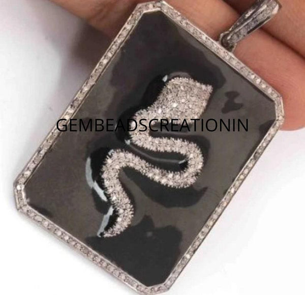 Pave Diamond Snake Pendant/Diamond Enamel Snake/Oxidized Silver Jewelry/42x32mm Necklace Pendant /Diamond Jewelry/Dainty Bakelite Gifts