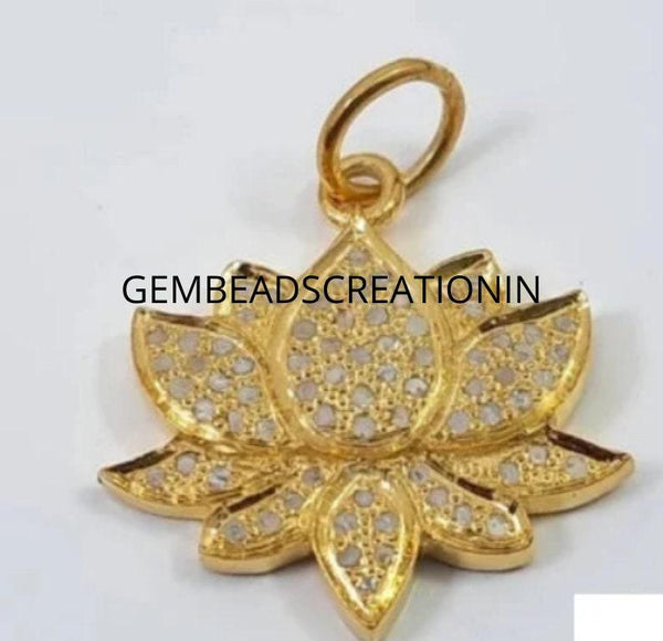 Pave Diamond Lotus/Charm Necklace/23x22mm Lotus Flower Pendant/Yellow Gold/Handmade Diamond Jewelry/Pave Diamond Pendant/925 Sterling Silver