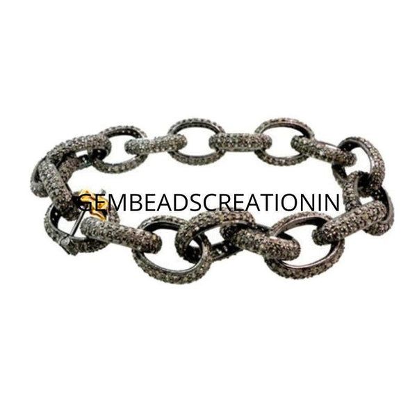 Pave Diamond Oval Chain Bracelet/Diamond Bracelet/Handmade Jewelry/12x10mm Cable Chain Link Bracelet/Gift For Her/Wedding Gift/4th July Sale