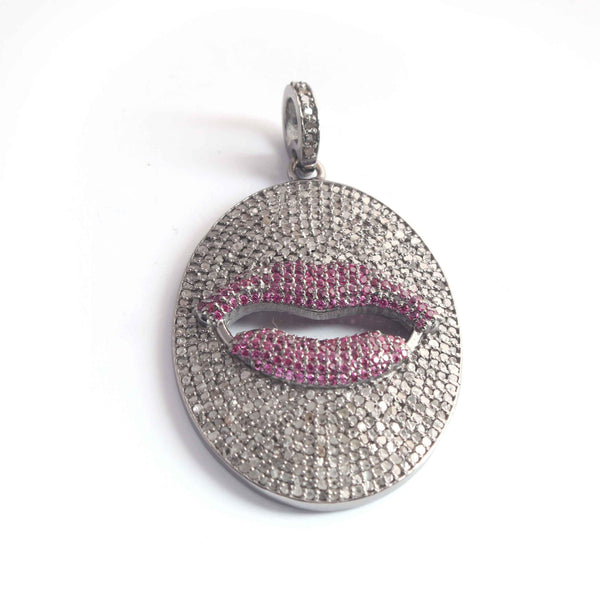 Diamond Ruby Lips Pendant/Pave Diamond Pendant/Round Pendant/43x26mm Diamond Jewelry/Push Present/Art Deco Jewelry/Necklace Pendant/Gifts