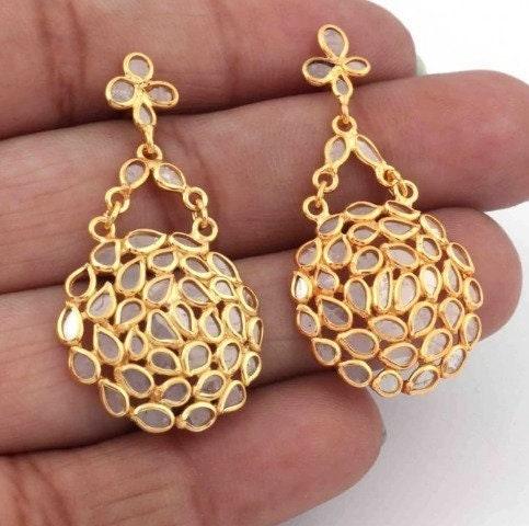 Polki Slice Earrings | Rose Cut Diamond Dangle Earrings | 925 Sterling Silver Handmade Jewelry | Minimalist Wedding Anniversary Gift for Her