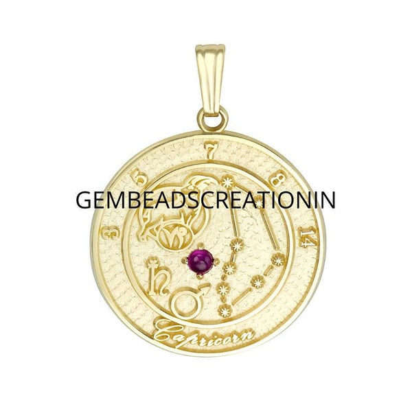 10k Solid Gold Capricorn Zodiac Necklace Constellation Horoscope Gold Custom Dainty Gold Coin Personalized Birthstone Medallion Necklace