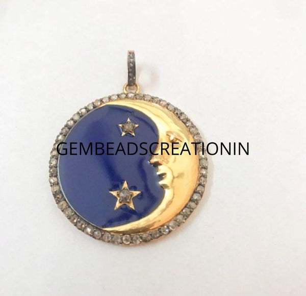 Handmade Enamel Crescent Moon Pendant: Sterling Silver Pave Diamond Star Jewelry 39x35mm