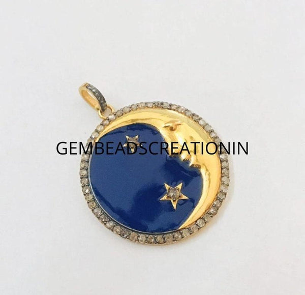Bakelite Moon Star, Bakelite Moon Pendant, Diamond Jewelry, Enamel Pendant, Pave Diamond Pendant, Star Moon Pendant, Diamond Moon Jewelry