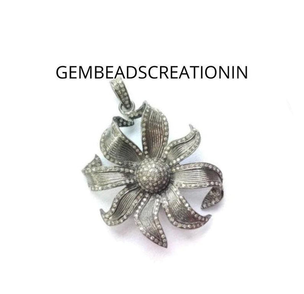 Pave Diamond Flower Pendant/925 Sterling Silver/58x40mm Diamond Necklace/Jasmine Flower Pendant/Handmade Fine Diamond Jewelry/Gift For Her