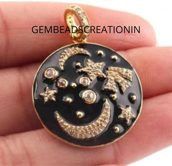 Pave Diamond Moon Star Pendant/Bakelite Moon Pendant/Diamond Jewelry/Enamel Diamond Pendant/29x25mm Star Moon Jewelry/Celestial Necklace