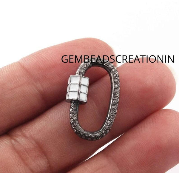 Pave Diamond Lobster Carabiner/22x12mm Enamel Screw Clasp/925 Sterling Silver/Pave Diamond Clasp/Screw Mechanism/Bakelite Oval Carabiner