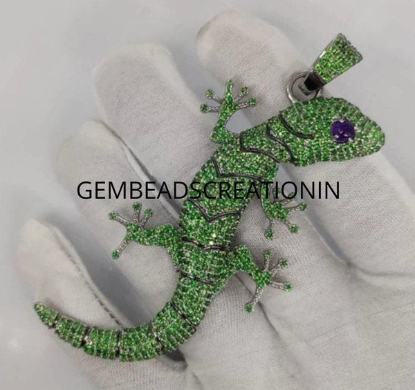 Tsavorite Gecko Pendant/Animal Jewelry/925 Sterling Silver/65x18mm Leopard Gecko Lizard Pendant/Handmade Jewelry/Gemstone Unisex Pendant