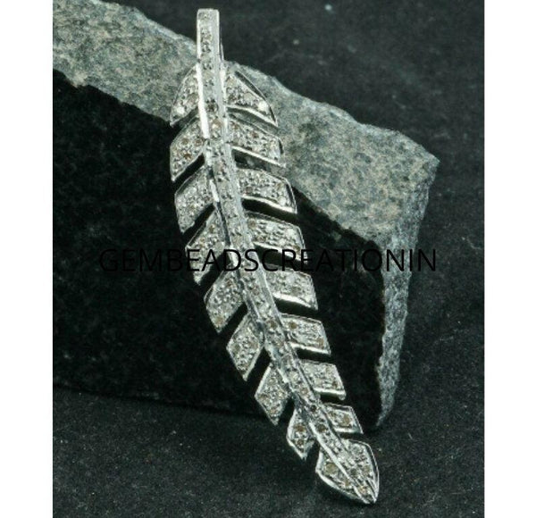 pave diamond rose cut leaf pendant 50x10mm 925 sterling silver finish handmade diamond pendant leaf design beautiful diamond pendant charm