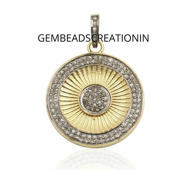 Pave Diamond Two Tone Pendant 925 Silver Diamond Round Pendant 29x34mm Diamond Handmade Jewelry Necklace Pendant