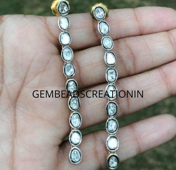Polki Earrings Rose Cut Polki Diamond Earring 70mm, 925 Sterling Silver Handmade Women Jewelry Traditional Vintage  Jewelry Gift For Her