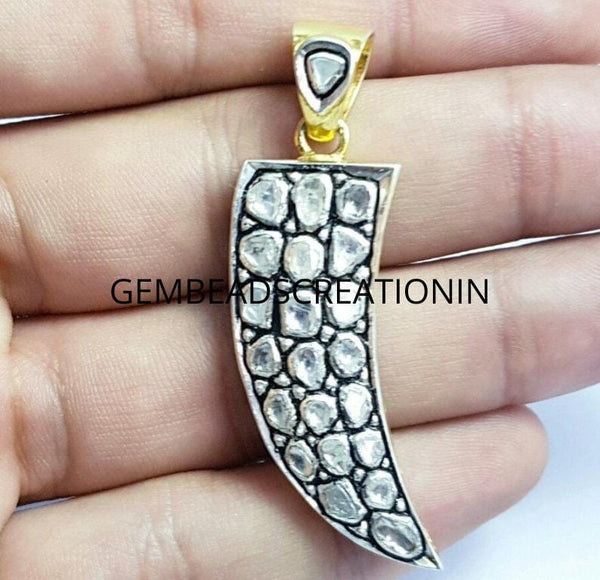 Polki Diamond Antique Pendant 925 Sterling Silver Handmade Victorian Findings 55x11mm Necklace Pendant Horn Pendant Rose Cut Diamond Polki
