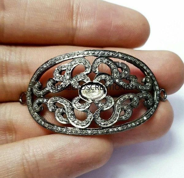 Pave Diamond Oval Bracelet Connector 925 Silver Diamond Findings Connector Handmade Jewelry Craft Supplies Pendant Necklace Jewelry