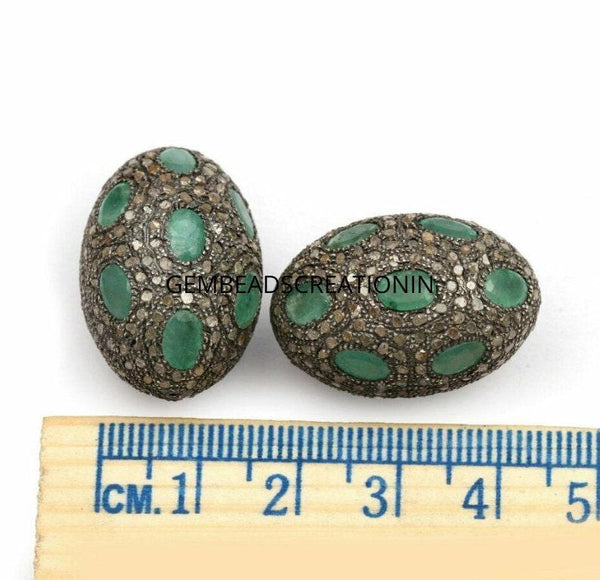 Emerald Gemstone Beads 27mm Diamond Spacers Beads 925 Silver Diamond Findings Beads Pave Diamond Oval Beads Jewelry Findings Craft Supplies