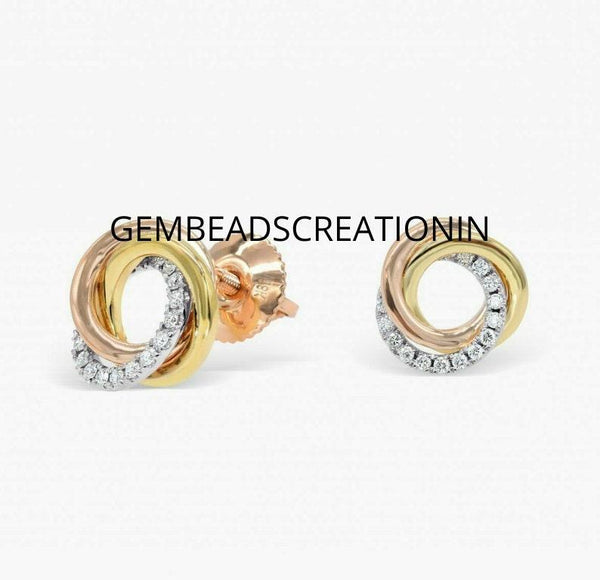 14k Solid Gold Diamond Intertwined Tri-Color Circle Earring Diamond Anniversary Studs Round Stud Earrings Gold Diamond Jewelry Gift For Her