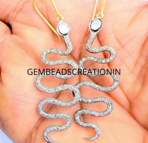 Rose Cut Diamond Polki Hook Earring Pave Diamond Earring Diamond Jewelry Gift For Her Snake Earring 925 Sterling Silver Handmade Earrings