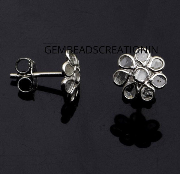 Polki Slice Diamond Floral Stud Earrings 925 Sterling Silver Diamond Earrings Rosecut Stud Earring Gift For Her Wedding Earrings