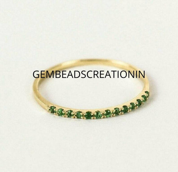 14k Solid Gold Tiny Round Tsavorite Half Eternity Ring Stacking Dainty Ring Gold Band Ring One Year Anniversary Gift For Girlfriend Gemstone