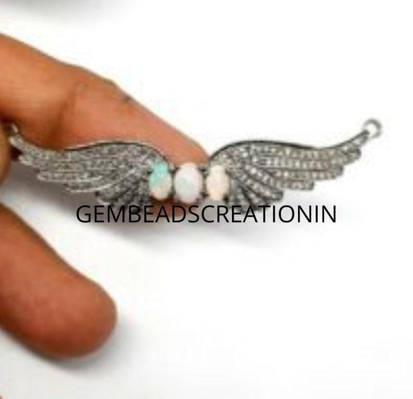 Ethiopian Opal Angel Wing Pendant 925 Silver Pave Diamond Wing Necklace Gift Diamond Finding Jewelry Necklace Connector 58x16mm