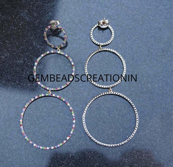 Multi Sapphire Earrings Designer Handmade Jewelry Gift For Her 925 Sterling Silver Circle Round Dangle Earrings Gemstone Wedding Jewelry