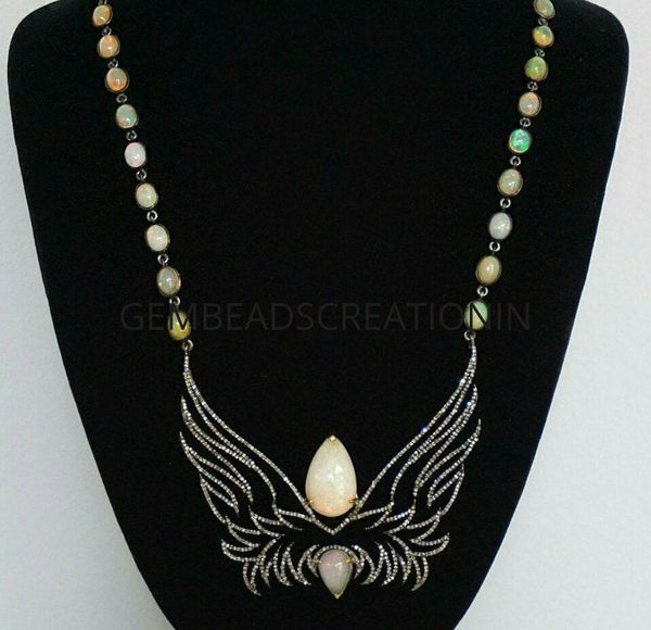 72x84mm Pave Diamond Ethiopian Opal Angel Wings Chain 925 Silver Necklace Diamond Opal Jewelry Gemstone Jewelry Gift Ideas