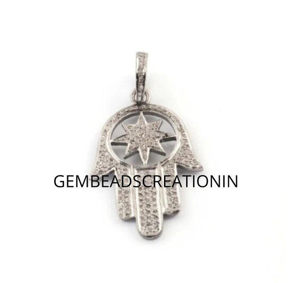 Pave Diamond Hamsa Star Charm Pendant 925 Sterling Silver 34x23mm Hamsa Hand Necklace Handmade Jewelry Diamond Pendant Good Luck Charm