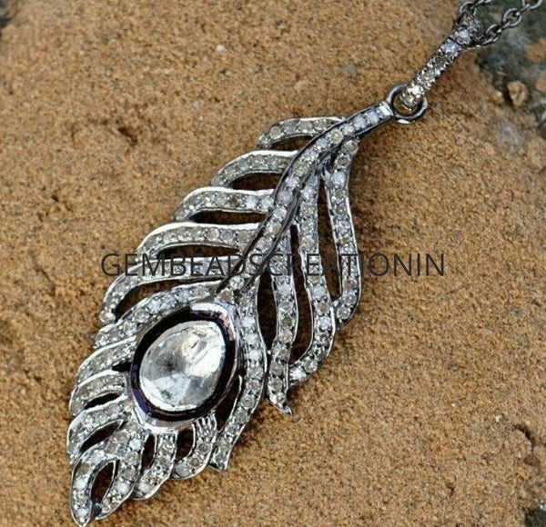 Pave Diamond 925 Silver Polki Feather Pendant Handmade Jewelry Gift Rose cut Diamond Jewelry Necklace Leaf pendant 45x18mm
